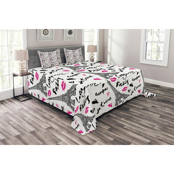 Ambesonne Paris Quilted Bedspread Set 3 Pcs, Pink Kiss Eiffel Love, Queen Size, White Black Pink