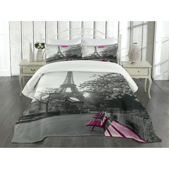 Ambesonne Paris Quilted Bedspread Set 3 Pcs, Romantic City and a Kiss, King Size, Black White Hot Pink