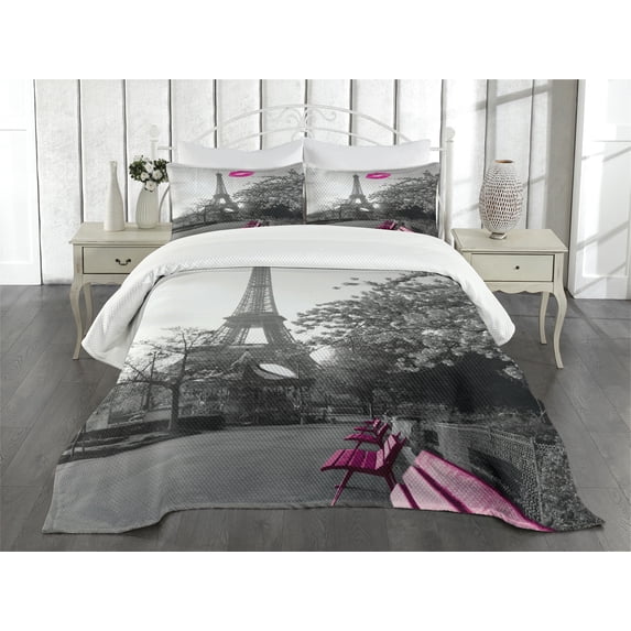 Ambesonne Paris Quilted Bedspread Set 3 Pcs, Romantic City and a Kiss, King Size, Black White Hot Pink