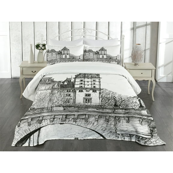 Ambesonne Paris Quilted Bedspread Set 3 Pcs, View from Pont Neuf, Queen Size, Black and White