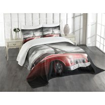 Ambesonne Paris Quilted Bedspread Set 3 Pcs, Vintage Car and Eiffel, King Size, Grey Red