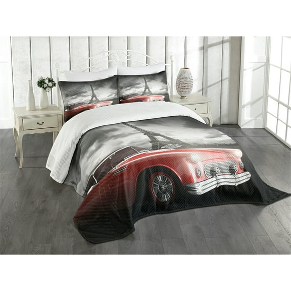 Ambesonne Paris Quilted Bedspread Set 3 Pcs, Vintage Car and Eiffel, King Size, Grey Red
