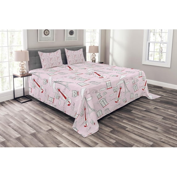 Ambesonne Paris Quilted Bedspread Set 3 Pcs, Violin Eiffel Cat Bow Tie, Queen Size, Pale Pink Scarlet White