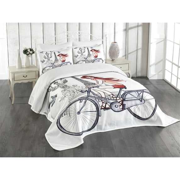 Ambesonne Paris Quilted Bedspread Set 3 Pcs, Woman on Bike Eiffel, King Size, Grey Red Peach