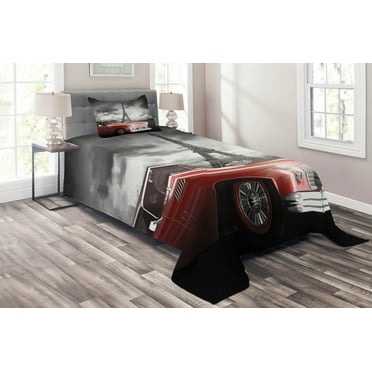 Ambesonne Paris Quilted Coverlet 2 Pcs, Vintage Car and Eiffel, Twin Size, Grey Red