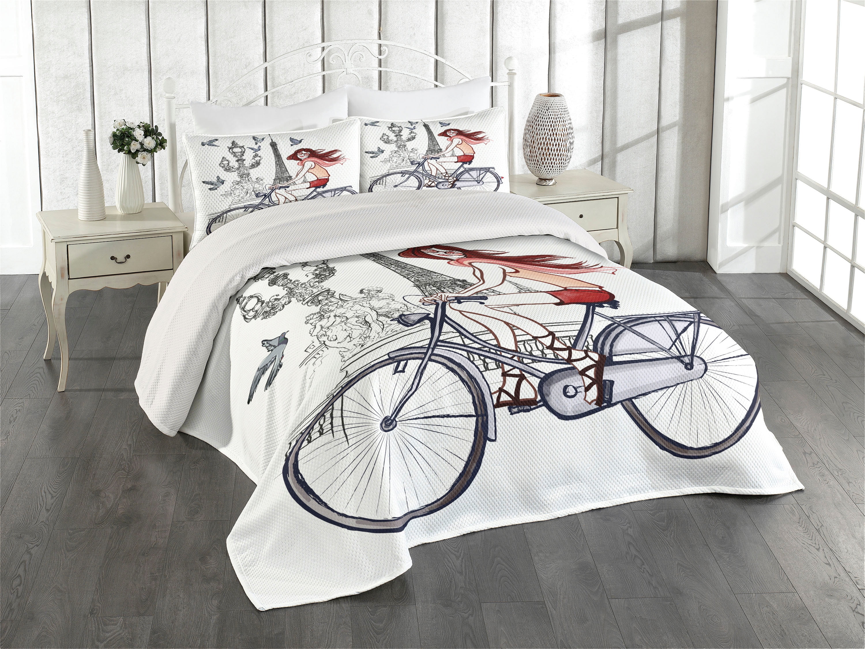 Parisian Girl Gray and Red Twin Bedspread Set