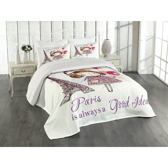 Ambesonne Paris Quilted Coverlet 3 Pcs, Hearts on Eiffel Tower, Queen Size, Pale Pink Purple White
