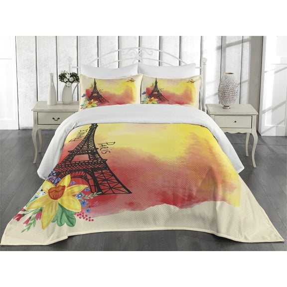Ambesonne Paris Quilted Coverlet 3 Pcs, Romantic Floral Eiffel, King Size, Multicolor