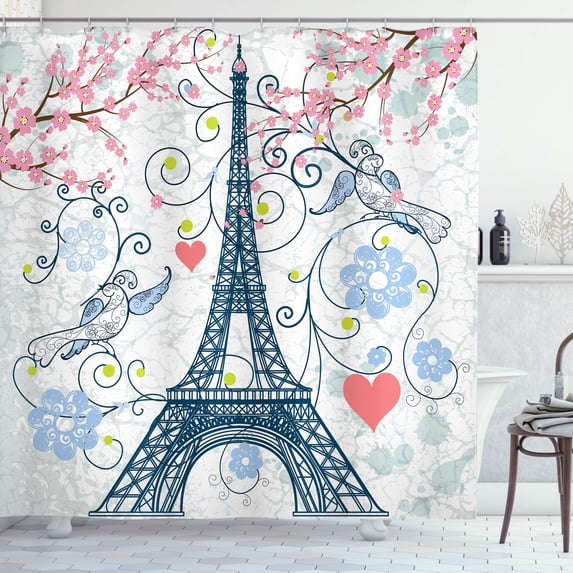 Ambesonne Paris Shower Curtain, Eiffel Swirling Flowers Heart, 69"Wx70"L, Blue and Coral