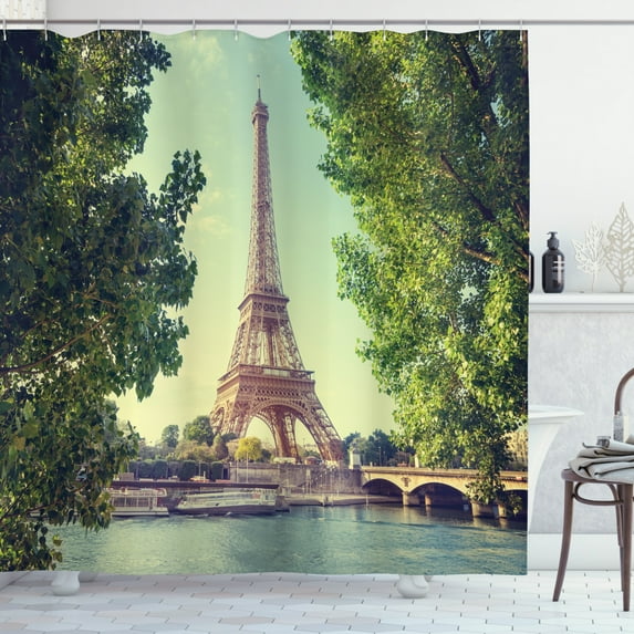 Ambesonne Paris Shower Curtain, Eiffel Tower Seine River, 69"Wx84"L, Almond Green Pale Brown