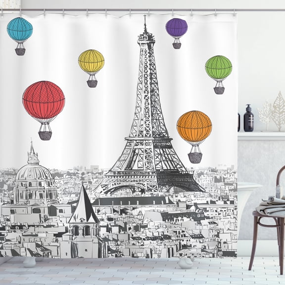 Ambesonne Paris Shower Curtain, Eiffel Tower and Balloons, 69"Wx70"L, Multicolor