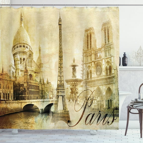 Ambesonne Paris Shower Curtain, Vintage Style Landmarks Photo, 69"Wx75"L, Beige Pale Camel