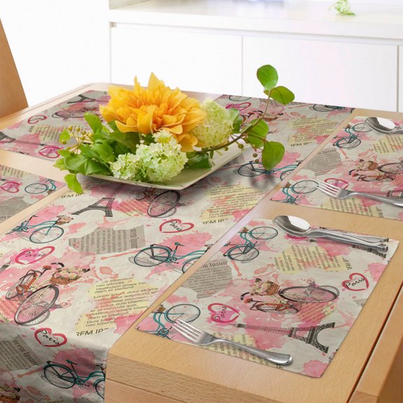 Ambesonne Paris Table Runner & Placemats, Abstract French Landmarks, Placemat 4 pcs + Runner 14"x72", Pale Blue Pale Pink