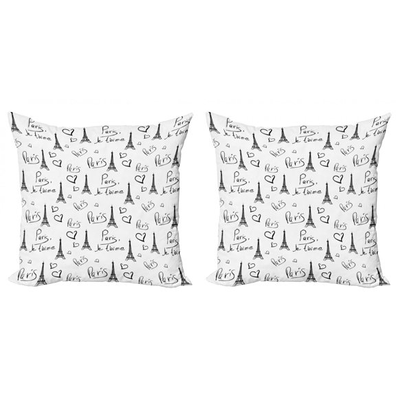 Ambesonne Paris Throw Pillow Cover 2 Pack, Eiffel Je T'aime Doodle, 16", Black White
