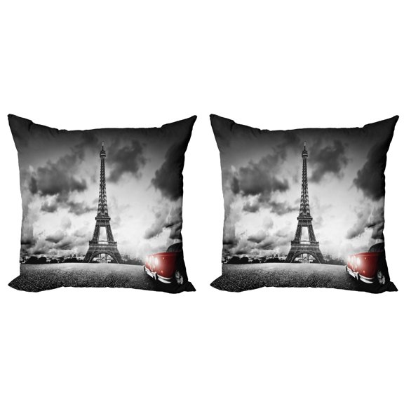 Ambesonne Paris Throw Pillow Cover 2 Pack, Eiffel Tower Cloudy Day, 24", Red Grey