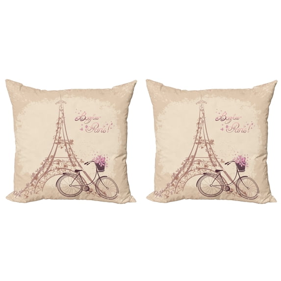 Ambesonne Paris Throw Pillow Cover 2 Pack, French Eiffel Tower, 18", Beige