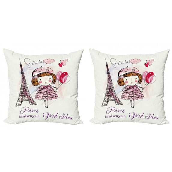 Ambesonne Paris Throw Pillow Cover 2 Pack, Hearts on Eiffel Tower, 16", Pale Pink Purple White
