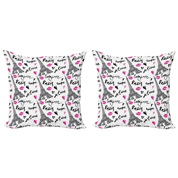 Ambesonne Paris Throw Pillow Cover 2 Pack, Pink Kiss Eiffel Love, 16", White Black Pink