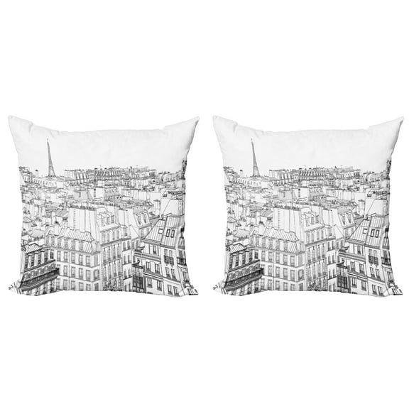 Ambesonne Paris Throw Pillow Cover 2 Pack, Roofs in Paris and Eiffel, 20", Black and White