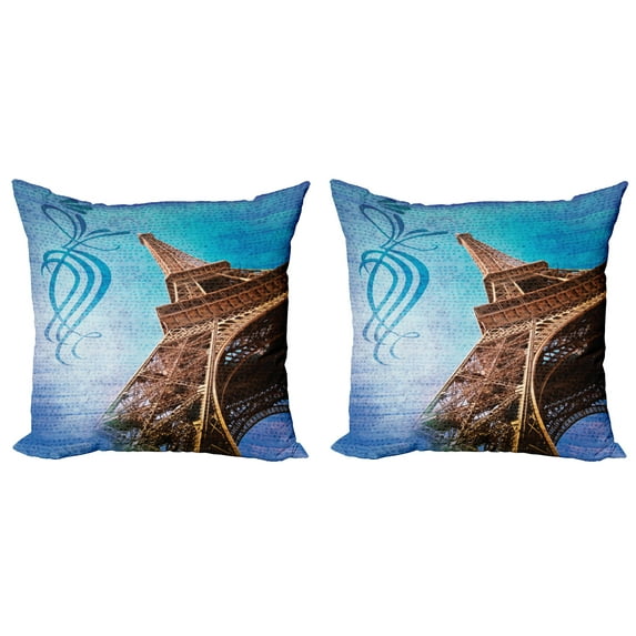 Ambesonne Paris Throw Pillow Cover 2 Pack, Tilt Shot Eiffel Tower Travel, 18", Blue and Brown