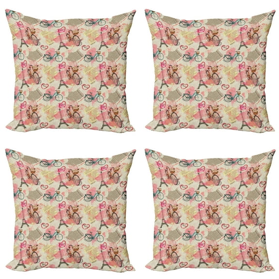Ambesonne Paris Throw Pillow Cover 4 Pack, Abstract French Landmarks, 24", Pale Blue Pale Pink