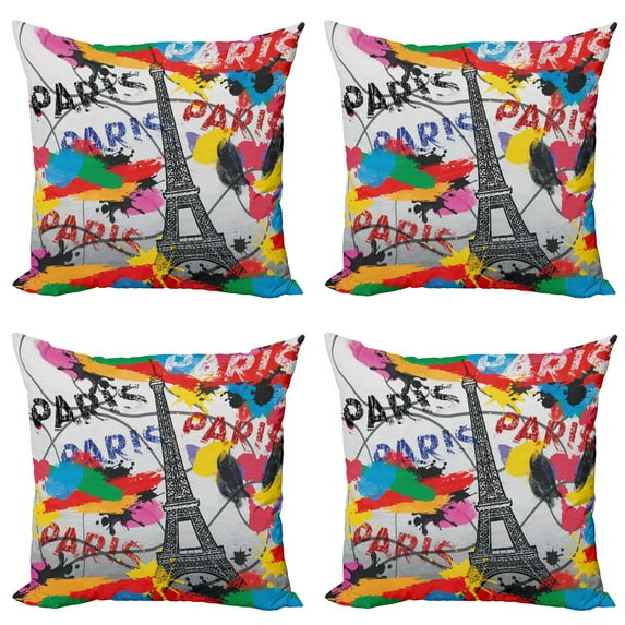 Ambesonne Paris Throw Pillow Cover 4 Pack, Contemporary Eiffel Tower Art, 16", Black and Red