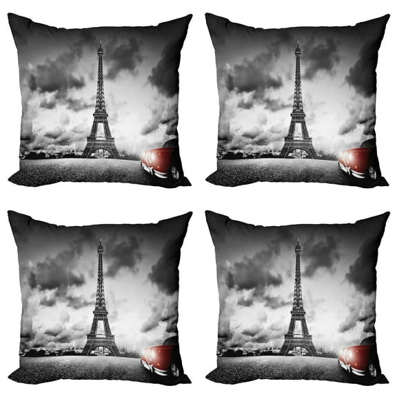 Ambesonne Paris Throw Pillow Cover 4 Pack, Eiffel Tower Cloudy Day, 24", Red Grey