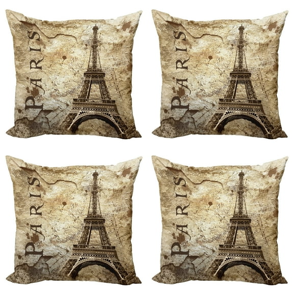 Ambesonne Paris Throw Pillow Cover 4 Pack, Eiffel Tower on Grunge Wall, 20", Brown Beige