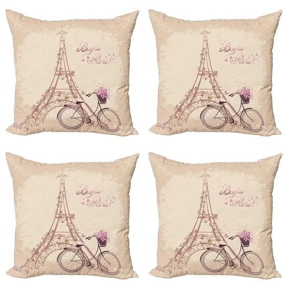 Ambesonne Paris Throw Pillow Cover 4 Pack, French Eiffel Tower, 20", Beige