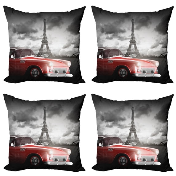Ambesonne Paris Throw Pillow Cover 4 Pack, Vintage Car and Eiffel, 18", Grey Red
