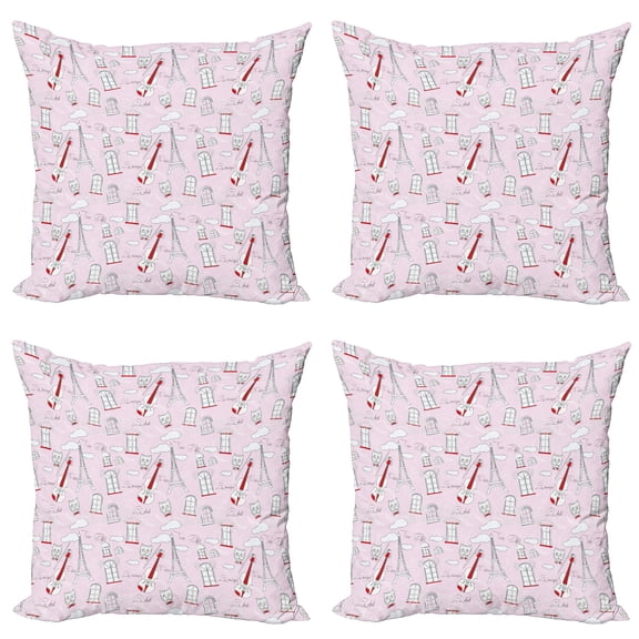 Ambesonne Paris Throw Pillow Cover 4 Pack, Violin Eiffel Cat Bow Tie, 18", Pale Pink Scarlet White