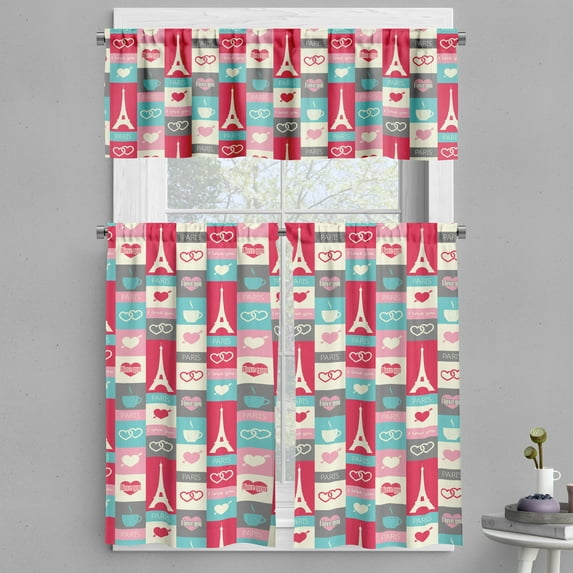 Ambesonne Paris Valance & Curtain, Coffee Love Eiffel Hearts, 55"x45", Multicolor