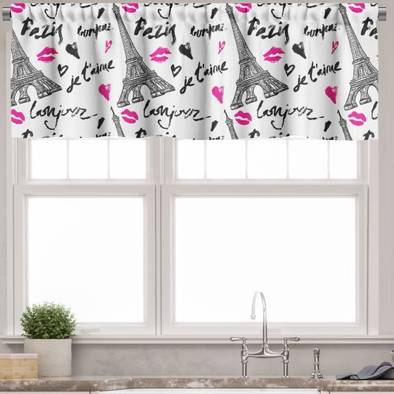 Ambesonne Paris Valance Pack of 2, Pink Kiss Eiffel Love, 42"X18", White Black and Pink