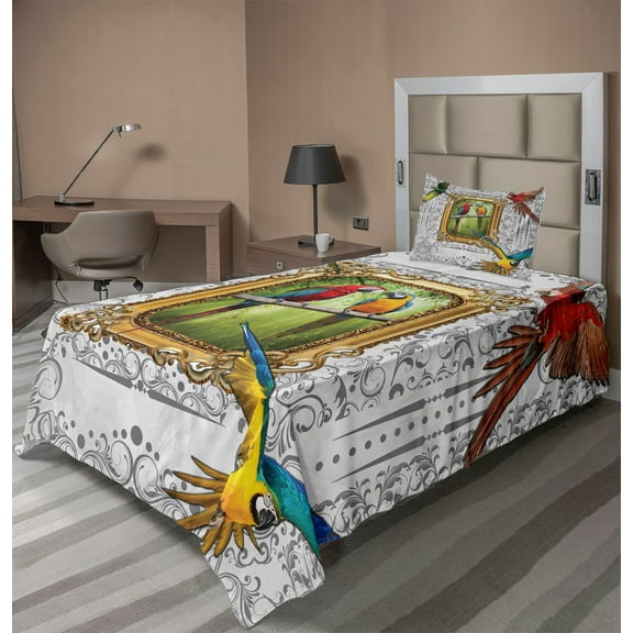 Ambesonne Parrot Fitted & Top Sheet Set with Sham, Exotic Colorful Birds Image, Multicolor