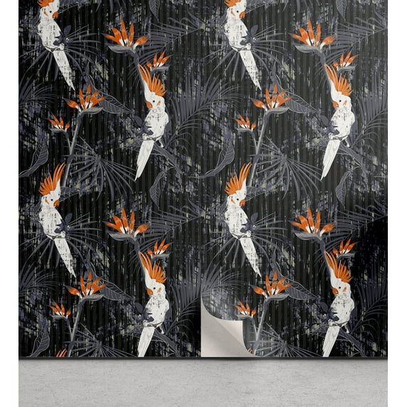 Ambesonne Parrot Pattern Peel & Stick Wallpaper for Home, Night Forest Leaves, 13"x72", Vermilion White and Evergreen