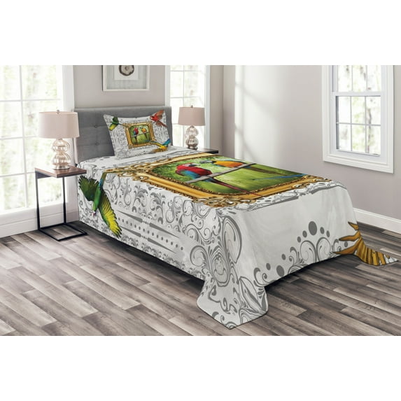 Ambesonne Parrot Quilted Bedspread Set 2 Pcs, Exotic Colorful Birds Image, Twin Size, Multicolor
