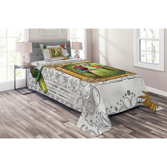 Ambesonne Parrot Quilted Coverlet 2 Pcs, Exotic Colorful Birds Image, Twin Size, Multicolor
