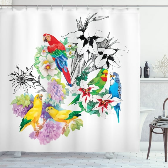 Ambesonne Parrot Shower Curtain, Floral Foliage Garden, 69"Wx84"L, Multicolor