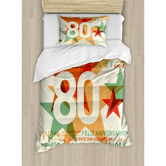 Ambesonne Party Duvet Cover Sets, World Happy Birthday, 2-Twin, Pale Vermilion and Green
