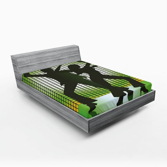 Ambesonne Party Fitted Sheet, Disco Couple Dance, Queen Size, Pale Green Dark Green