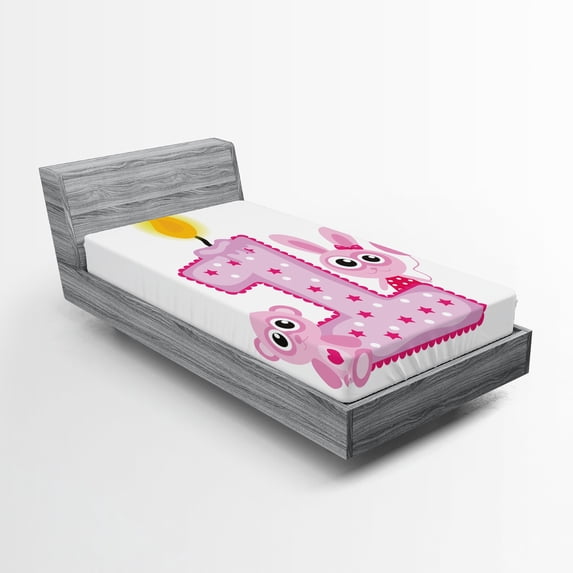 Ambesonne Party Fitted Sheet, Girls Birthday Bunnies, Twin Size, Hot Pink and Lilac