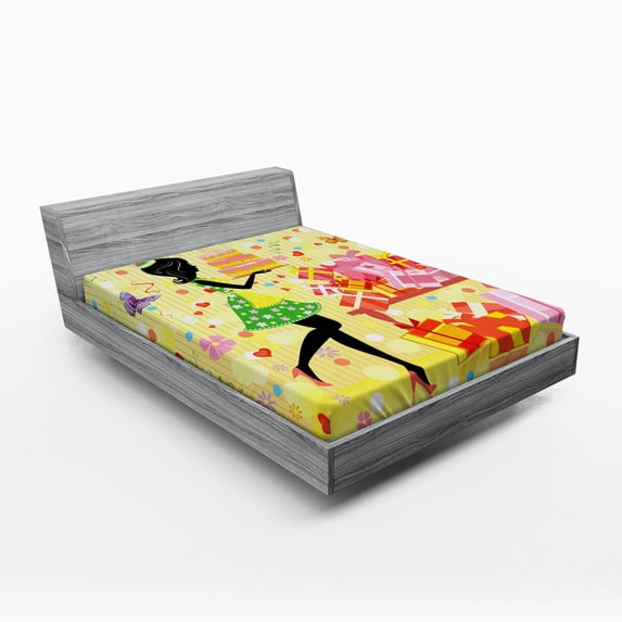 Ambesonne Party Fitted Sheet, Woman with Birthday Cake, Full Size, Multicolor
