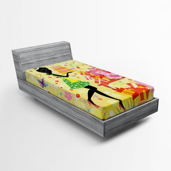 Ambesonne Party Fitted Sheet, Woman with Birthday Cake, Twin Size, Multicolor