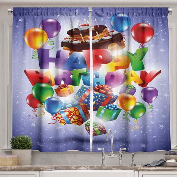 Ambesonne Party Kitchen Curtains, Birthday Presents Cake, 55"x39", Multicolor
