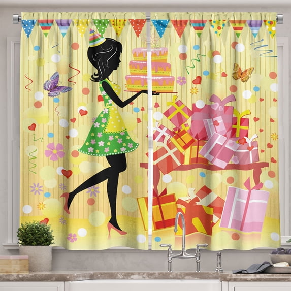 Ambesonne Party Kitchen Curtains, Woman with Birthday Cake, 55"x39", Multicolor