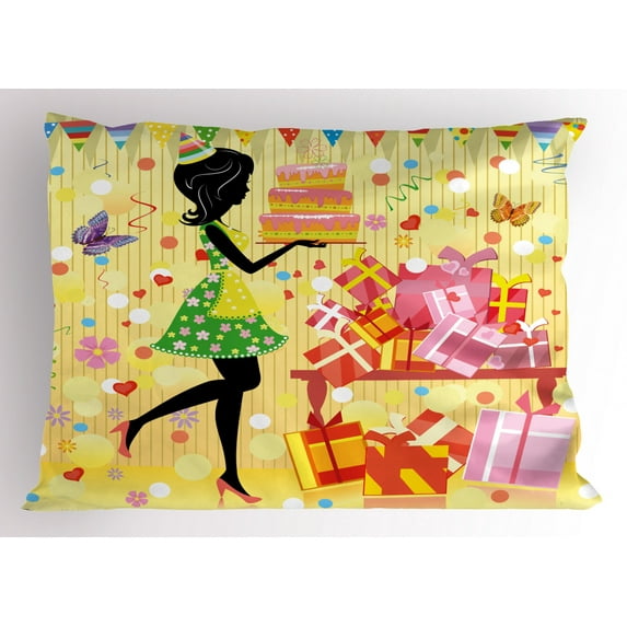 Ambesonne Party Pillow Sham, Woman with Birthday Cake, 36" X 20", Multicolor