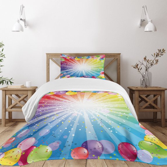 Ambesonne Party Quilted Bedspread Set 2 Pcs, Celebration with Balloons, Twin Size, Multicolor
