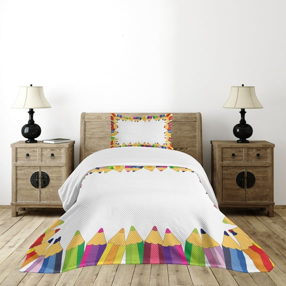 Ambesonne Party Quilted Bedspread Set 2 Pcs, Colorful Pencils, Twin Size, Multicolor