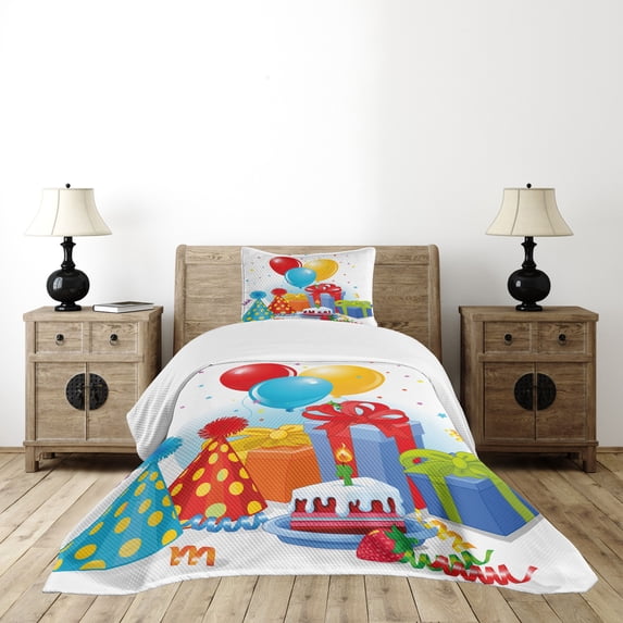 Ambesonne Party Quilted Bedspread Set 2 Pcs, Pie Hats Presents Ballons, Twin Size, Multicolor