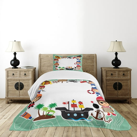 Ambesonne Party Quilted Bedspread Set 2 Pcs, Pirate Ship, Twin Size, Multicolor